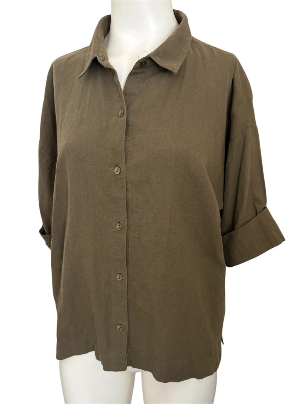 Eileen Fisher Button Up Shirt Drop Shoulder Short Roll Cuff Sleeves Cotton Linen